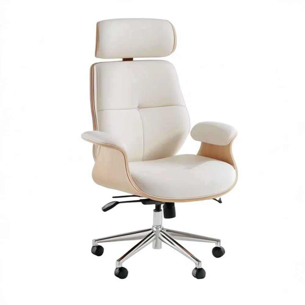 Biały fotel obrotowy z zagłówkiem z ekoskóry PU 65 x 65 x 118–128 cm
