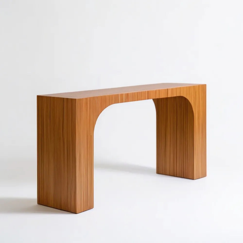 Brązowa konsola z MDF w okleinie drewnianej, ryflowana, 120 x 35 x 80 cm